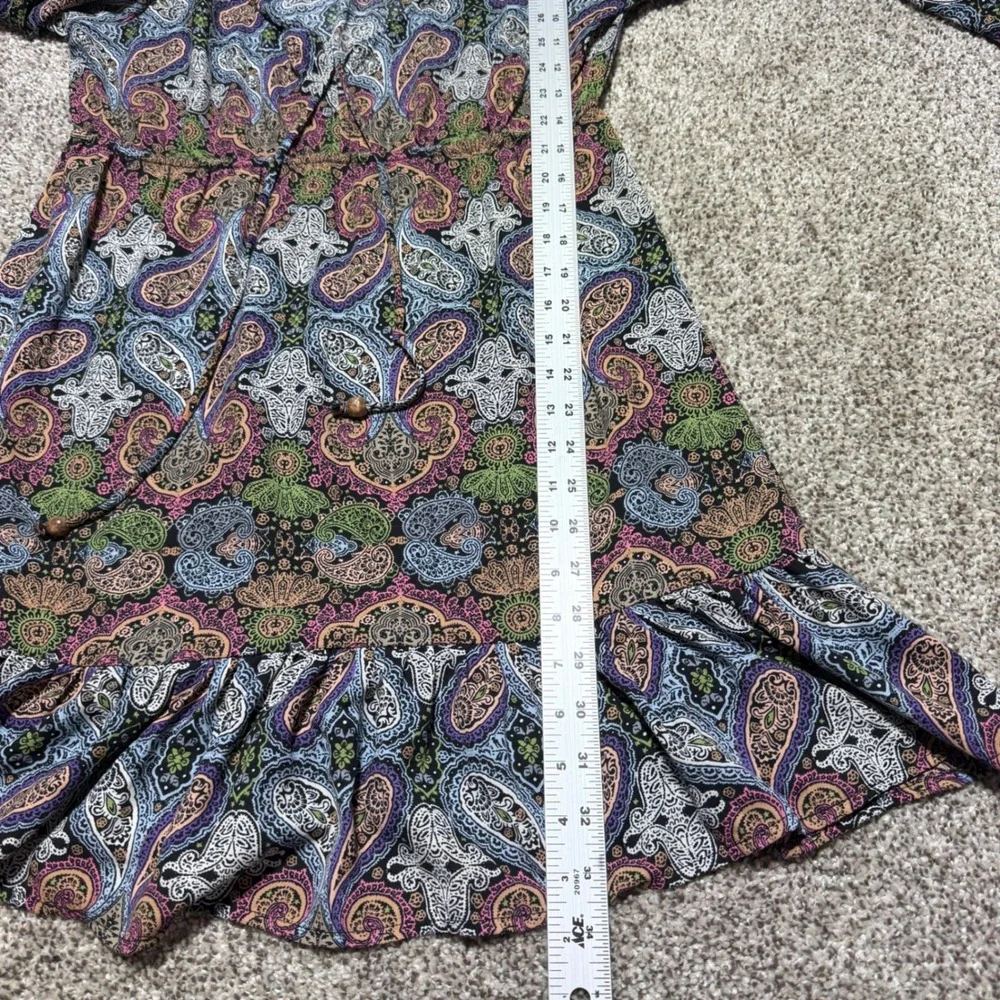Earthbound Trading Co V Neck Lantern Sleeve Mini Dress Paisley Print Boho size S